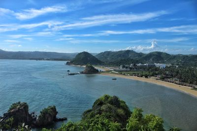 Scenic view of sea and mountains against sky