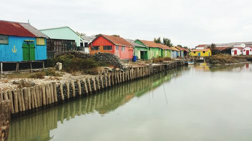 Reflection of houses in water against sky