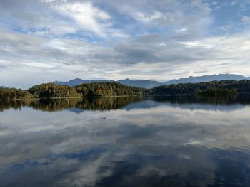 Scenic view of lake by mountain against sky