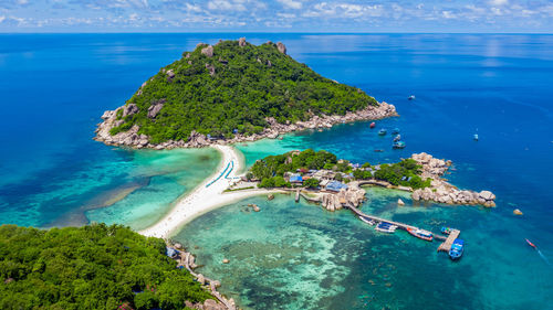 High angle view of bay against clear sky