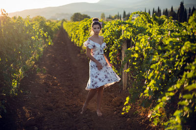 Brunette woman in a white dress stands in a vineyard in summer in italy