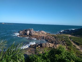 Scenic view of sea against clear blue sky