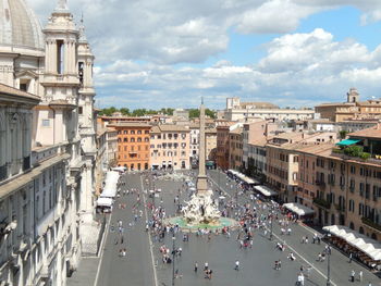 High angle view of street amidst buildings in city