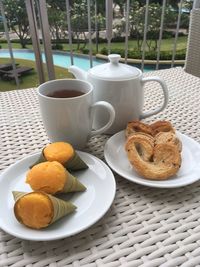 High angle view of breakfast served on table