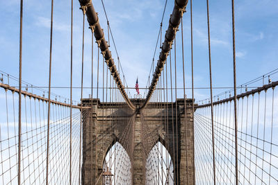 Low angle view of suspension bridge against sky