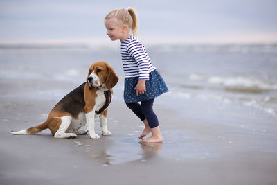 Girl and beagle on shore at beach