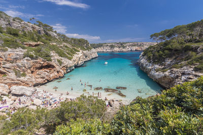 High angle view of bay against sky