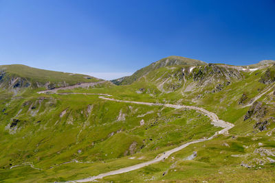 Scenic view of landscape against clear blue sky