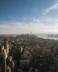 High angle view of buildings against sky in city of new york 