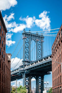 Low angle view of suspension bridge against cloudy sky