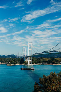 View of suspension bridge over sea