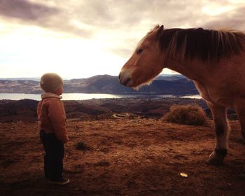 Boy with icelandic horse standing on dirt road against sky during sunset