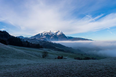 Scenic view of snowcapped mountains against sky