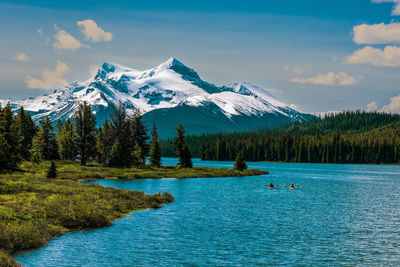 Scenic view of lake and mountains against sky