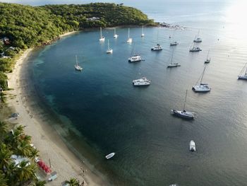 High angle view of boats in sea