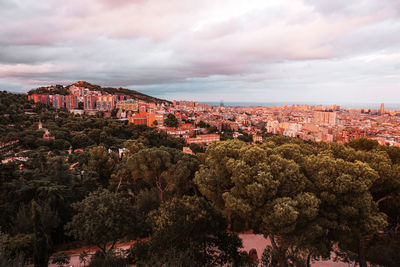 High angle view of buildings and trees against sky