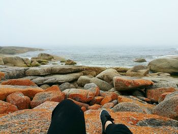 Low section of person standing on rock by sea against clear sky