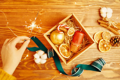 High angle view of christmas decoration on table