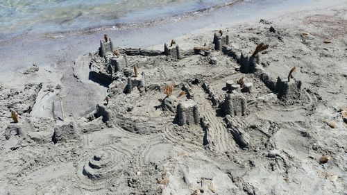 High angle view of sand castle on sandy beach