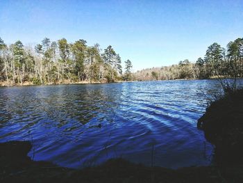 Scenic view of lake against clear blue sky
