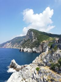 Scenic view of sea, mountains, and a rocky coastline against sky