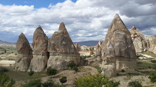 Scenic view of rocks against cloudy sky