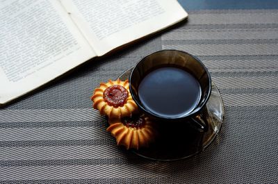 High angle view of coffee on table