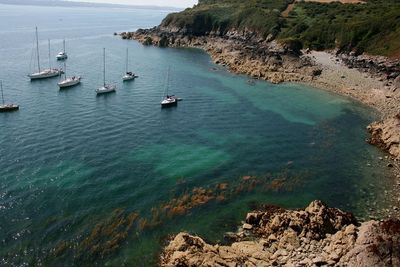 High angle view of boats moored on sea against sky