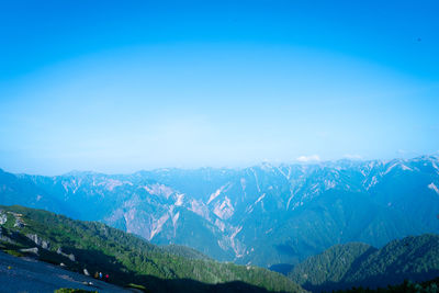 Scenic view of mountains against clear blue sky