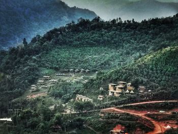 High angle view of houses and trees by village