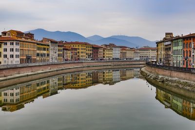 Reflection of buildings in lake against sky