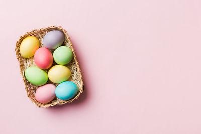 High angle view of easter eggs against white background