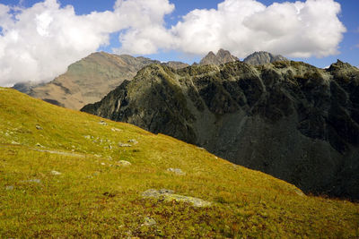 Scenic view of mountains against cloudy sky