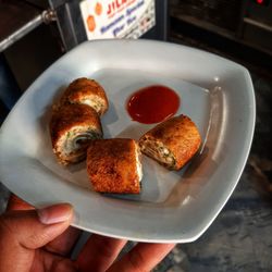 Close-up of hand holding food served in plate