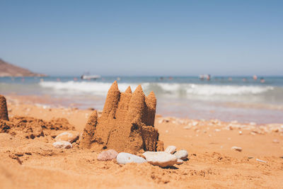 Driftwood on beach against clear sky