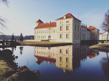 Reflection of buildings on lake against sky