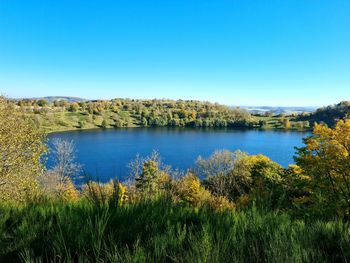 Scenic view of lake against clear blue sky