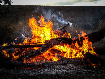Bonfire on wooden log in field
