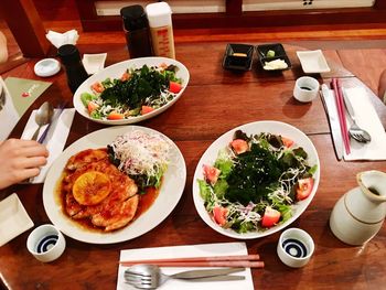 High angle view of food served on table