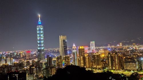 Illuminated buildings in city at night