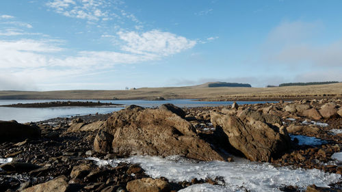 Scenic view of rocky beach against sky