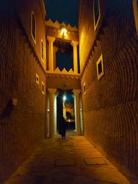 Illuminated alley amidst buildings in city at night