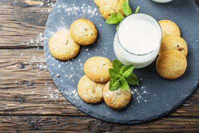 High angle view of cookies in plate on table