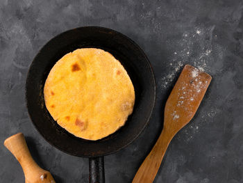 High angle view of bread in frying pan