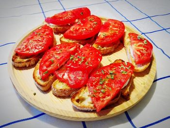 High angle view of food served on table