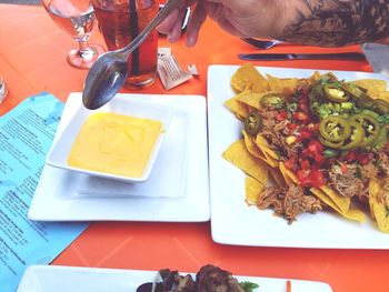 Close-up of food served on table