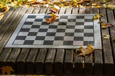 High angle view of chess on table