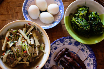 High angle view of salad in bowl on table