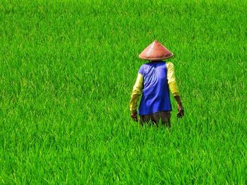 Rear view of woman standing on grassy field