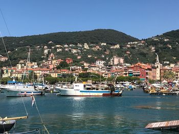 Sailboats moored on sea by buildings against clear sky